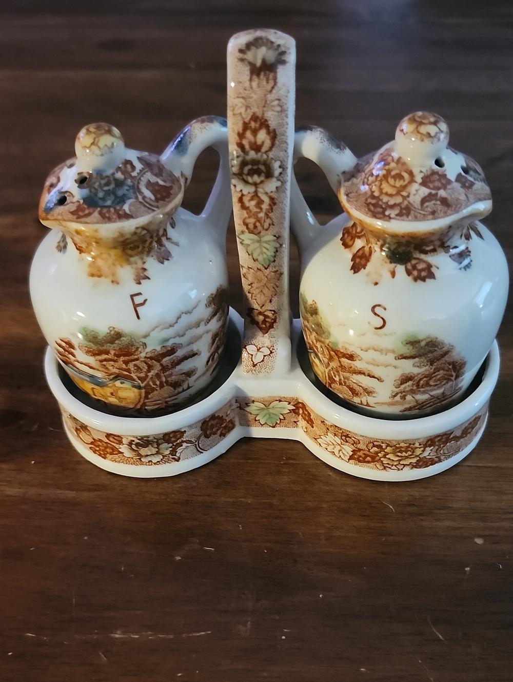 Vintage 40s Nasco Salt and Pepper Porcelain Shakers with Caddy Made In Japan